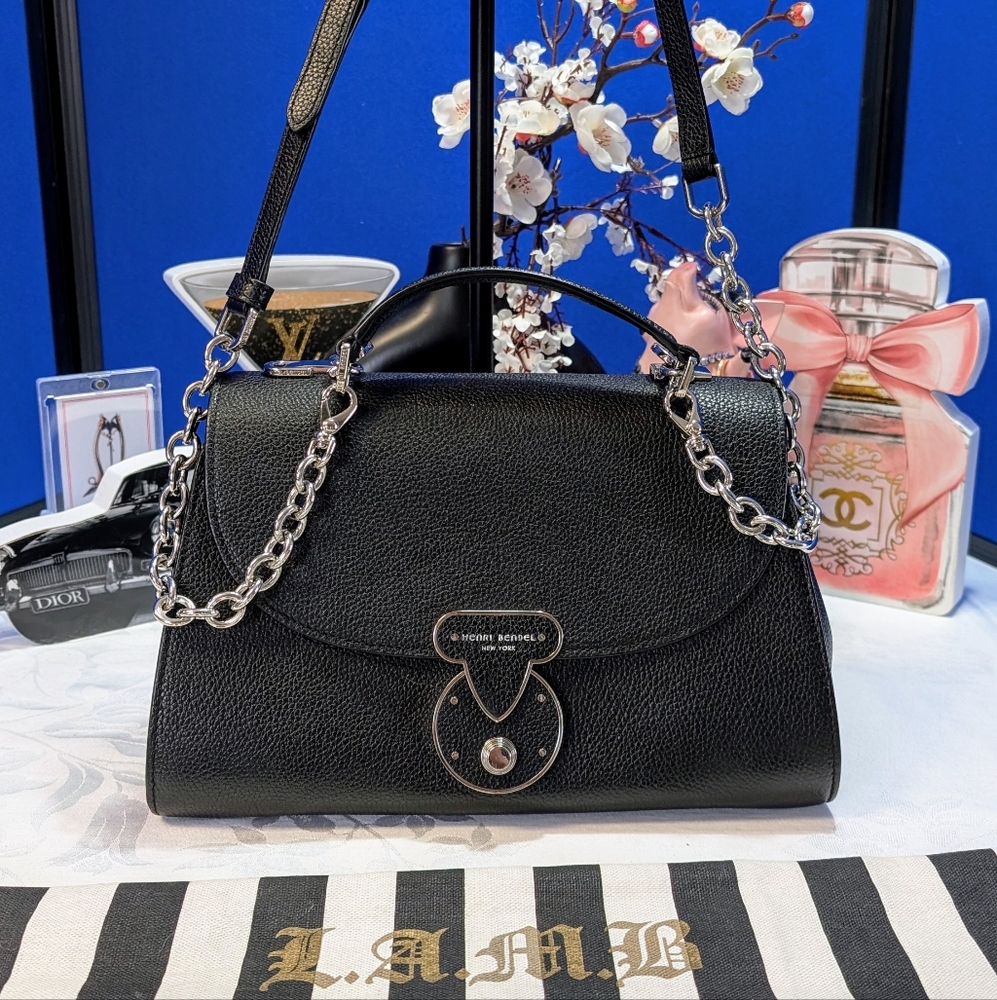 Henri Bendel Black Leather Top Handle Satchel With Chain & Leather Crossbody